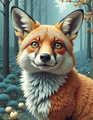 The primary subject of the image is a fox with a white chest and a red body. The fox is standing in a forest with trees in the background. The visual style of the image is digital art, as it appears to be a painting or drawing of a fox. The colors and mood of the image are vibrant and lively, with the red and white colors of the fox standing out against the green and brown tones of the forest.